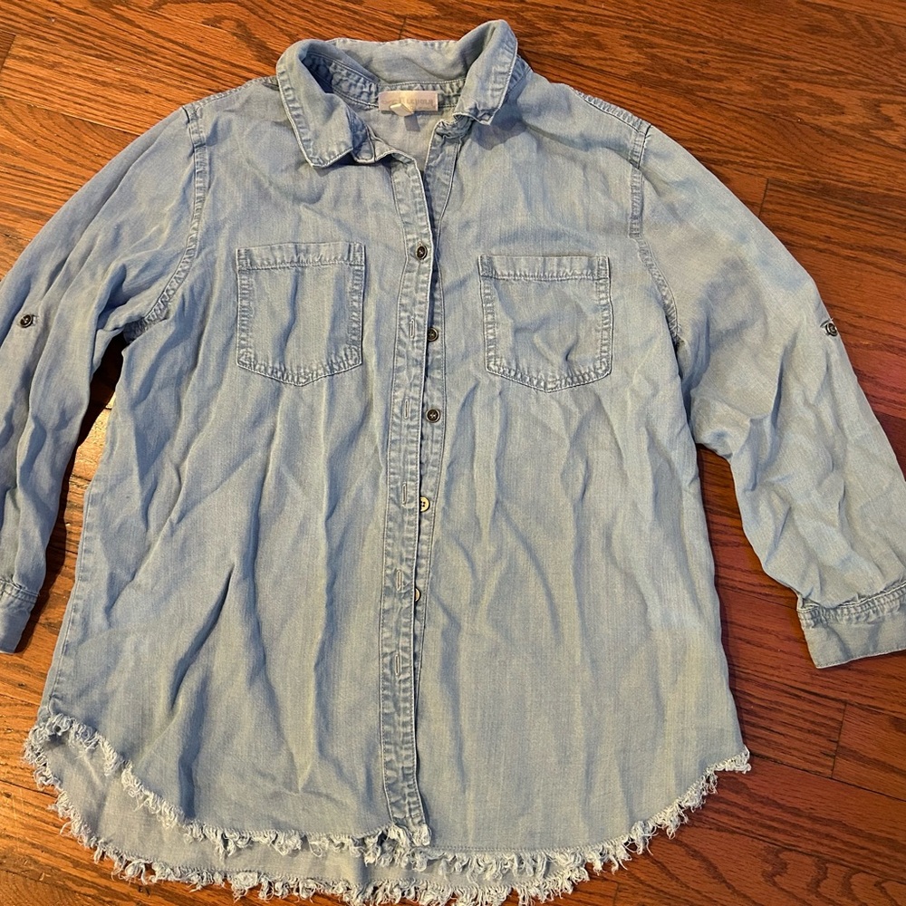 Hester & Orchard Chambray Button Down Shirt Medium Frayed Hem Lightweight Denim - Picture 2 of 5